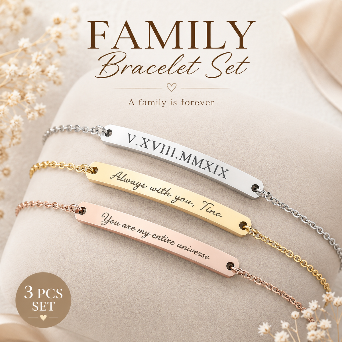 Personalized Family Bracelet Set – 3 PCS